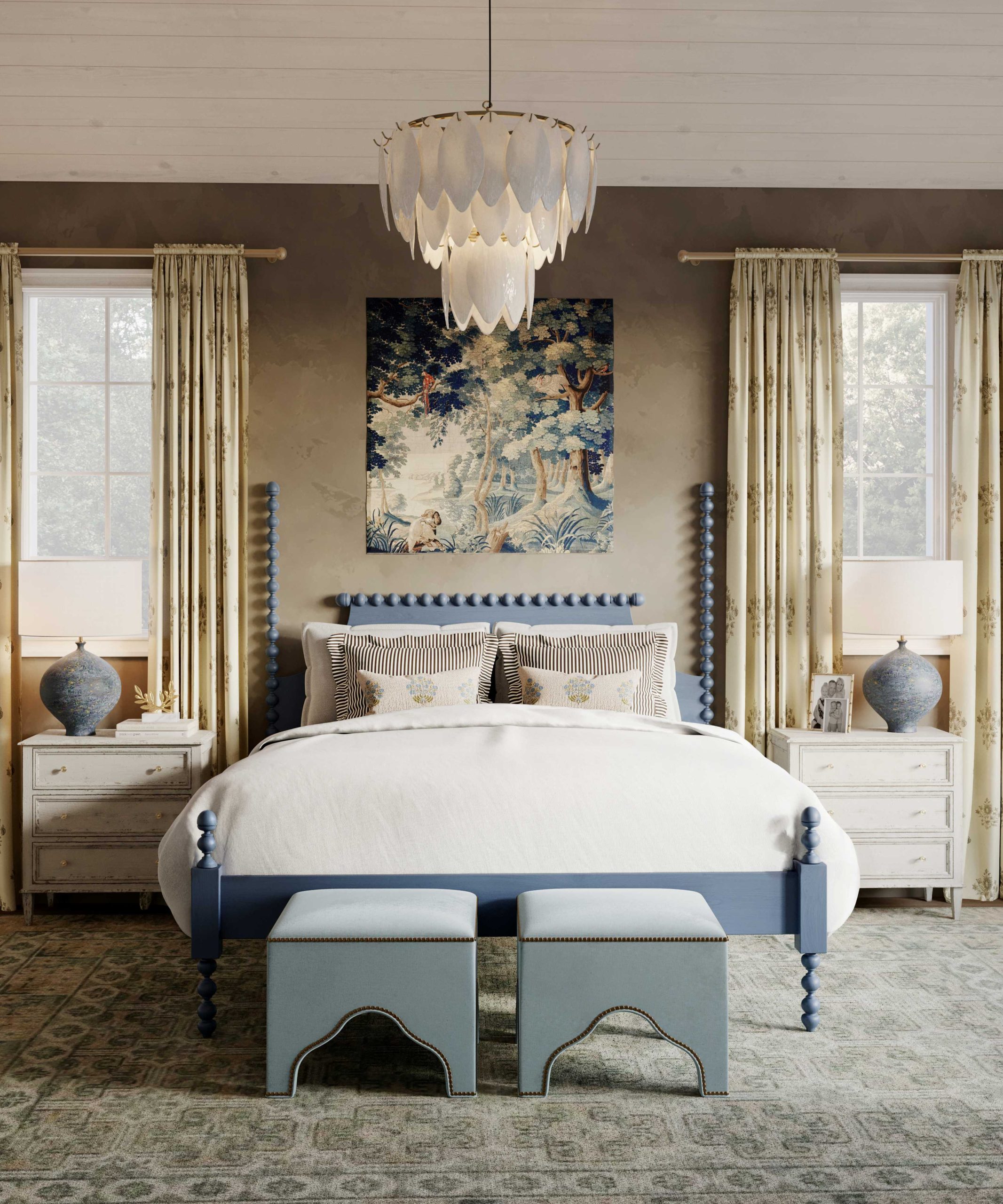 a blue wood spindle bed in the center of a cozy primary bedroom