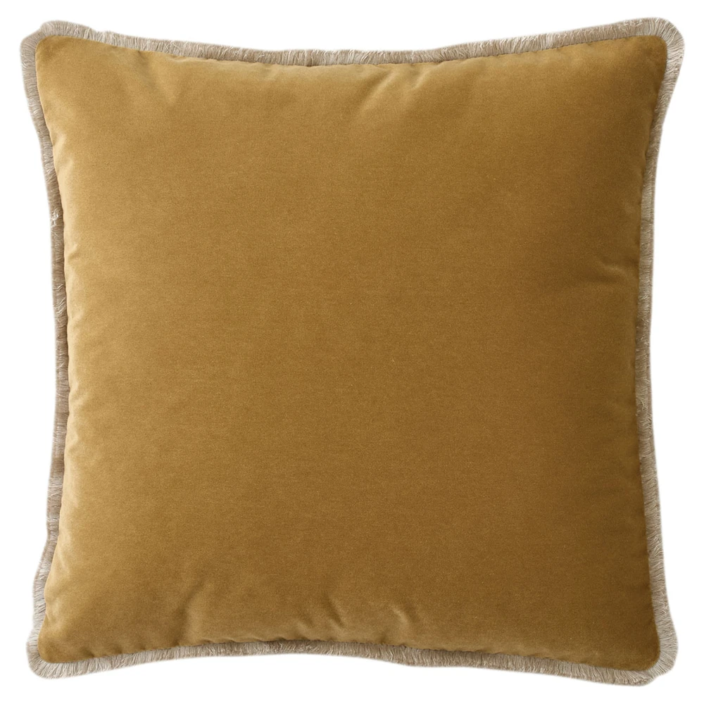 gold velvet throw pillow with fringe trim