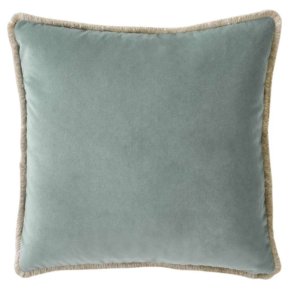 light blue velvet throw pillow with fringe
