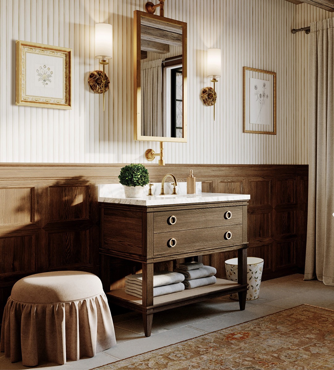 A Tuscan bathroom design with a brown oak vanity sink, round ottoman, and Oushak area rug