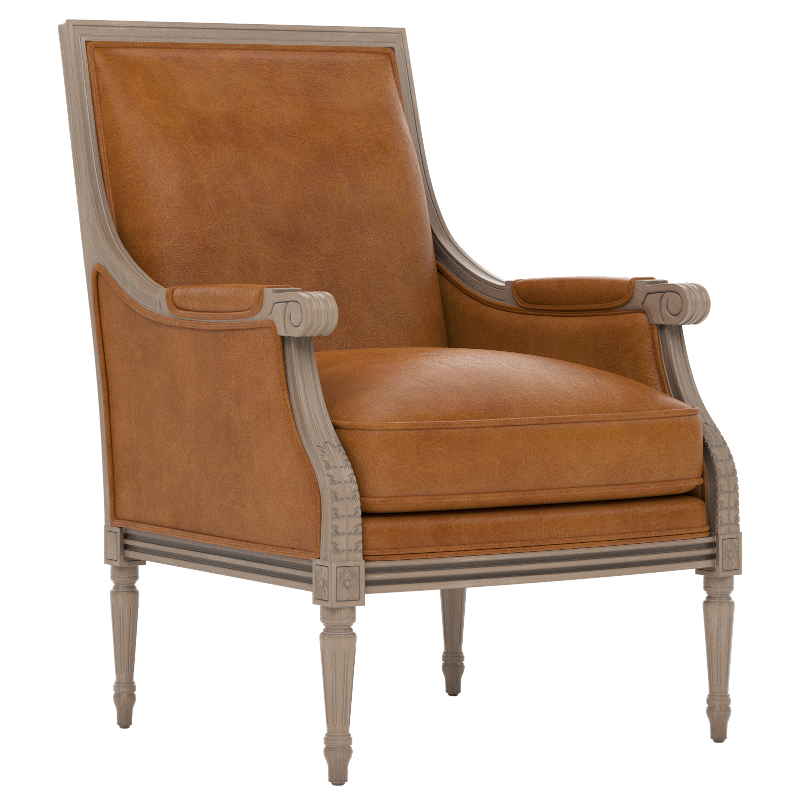 bergere chair with camel leather upholstery and a brown wooden frame