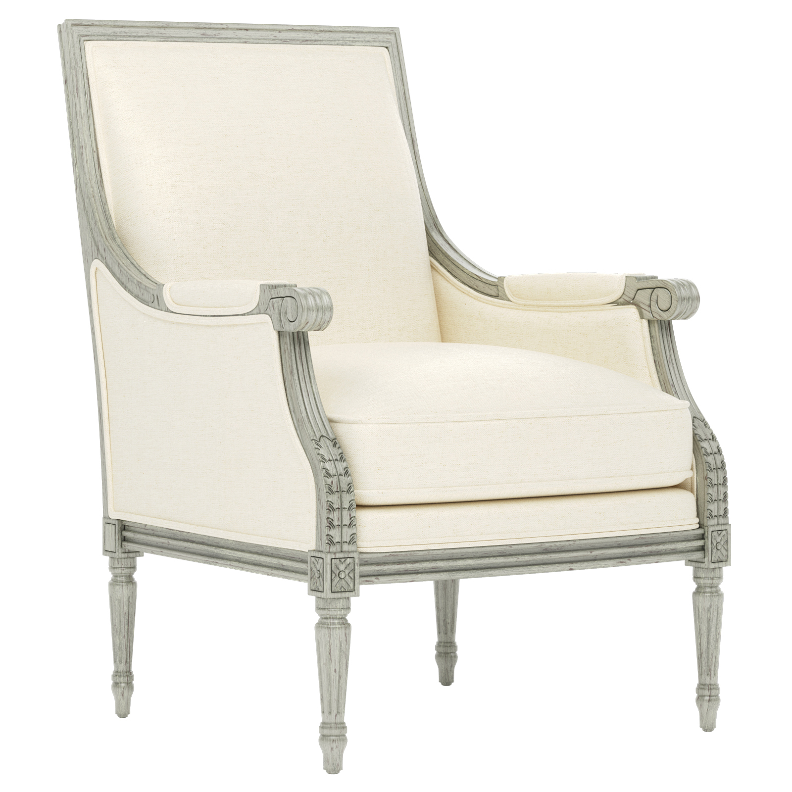 bergere chair with warm white chenille fabric and a sage green wood frame