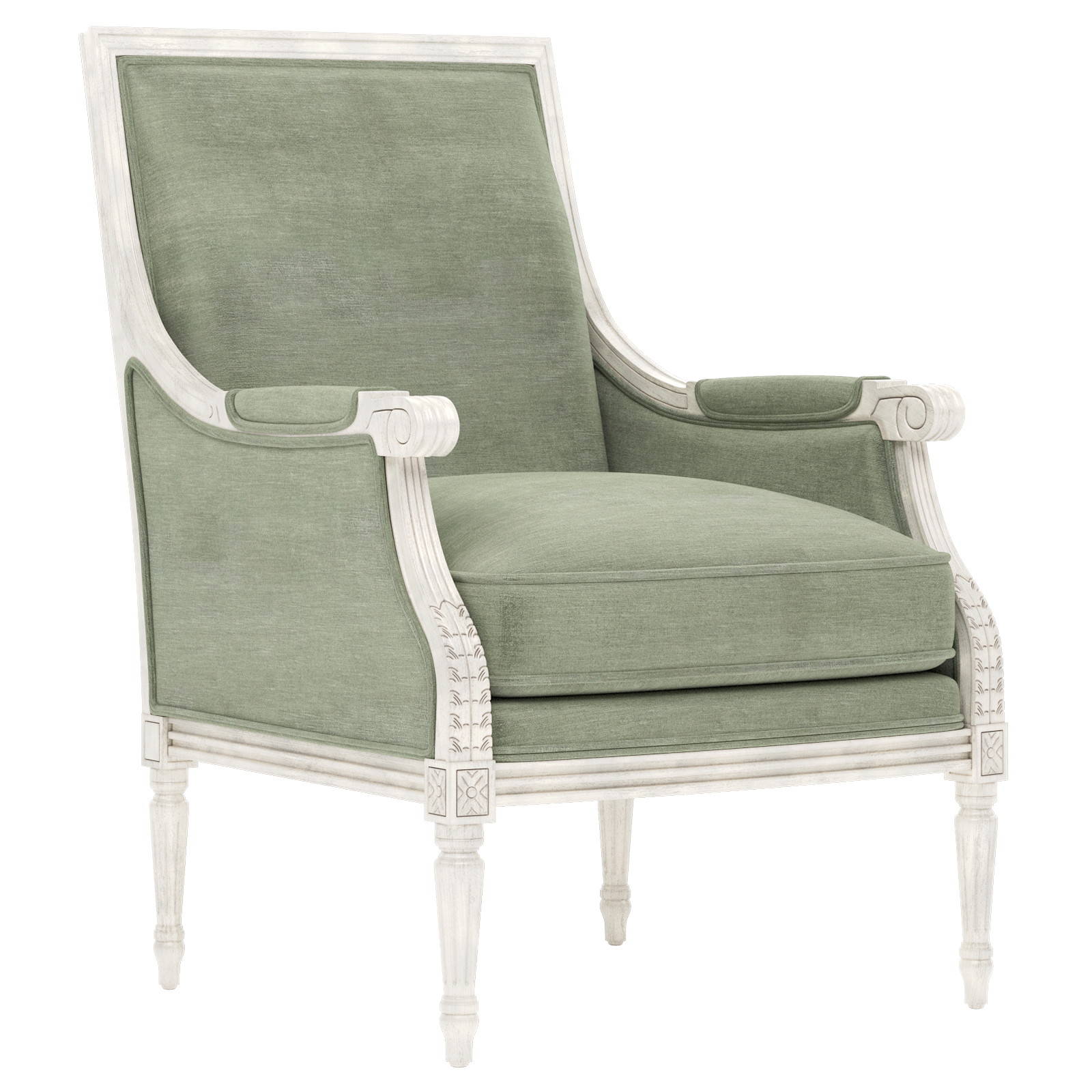 bergere chair with green velvet fabric and a distressed white wood frame