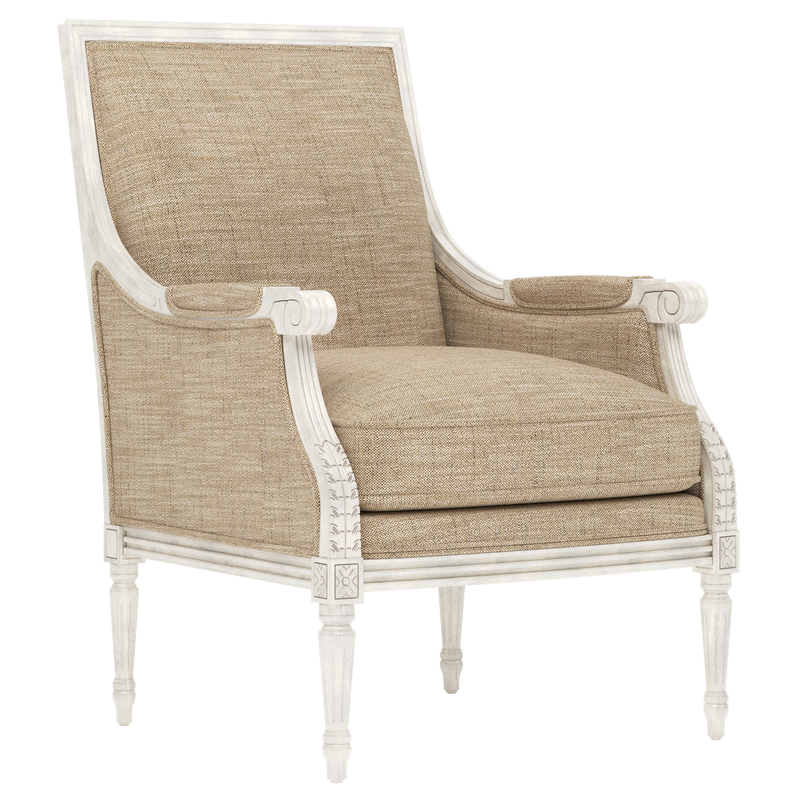 bergere chair with light brown woven fabric and a distressed white wood frame