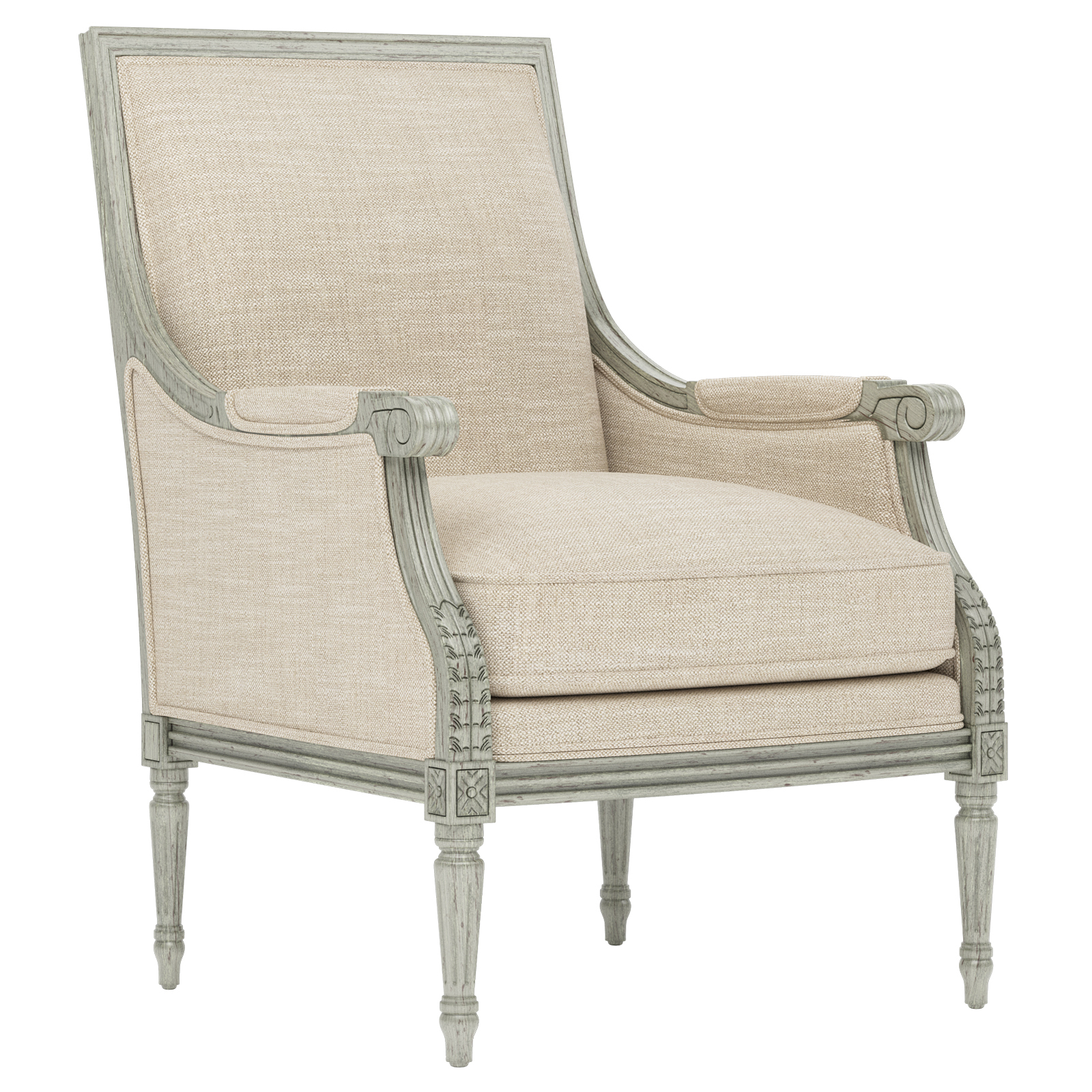 bergere chair with neutral woven fabric and a sage green wood frame