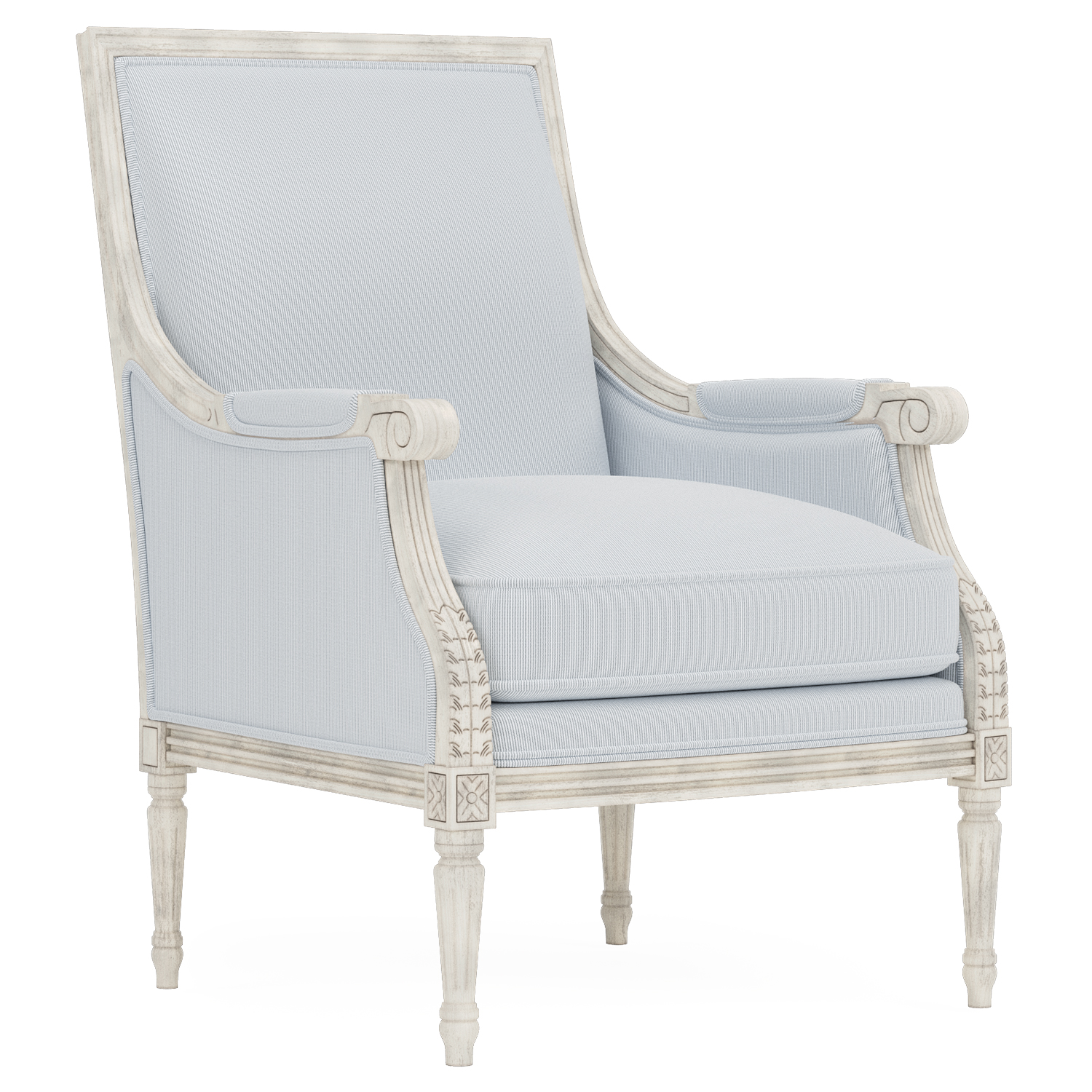 bergere chair with blue and white striped fabric and a distressed white wood frame