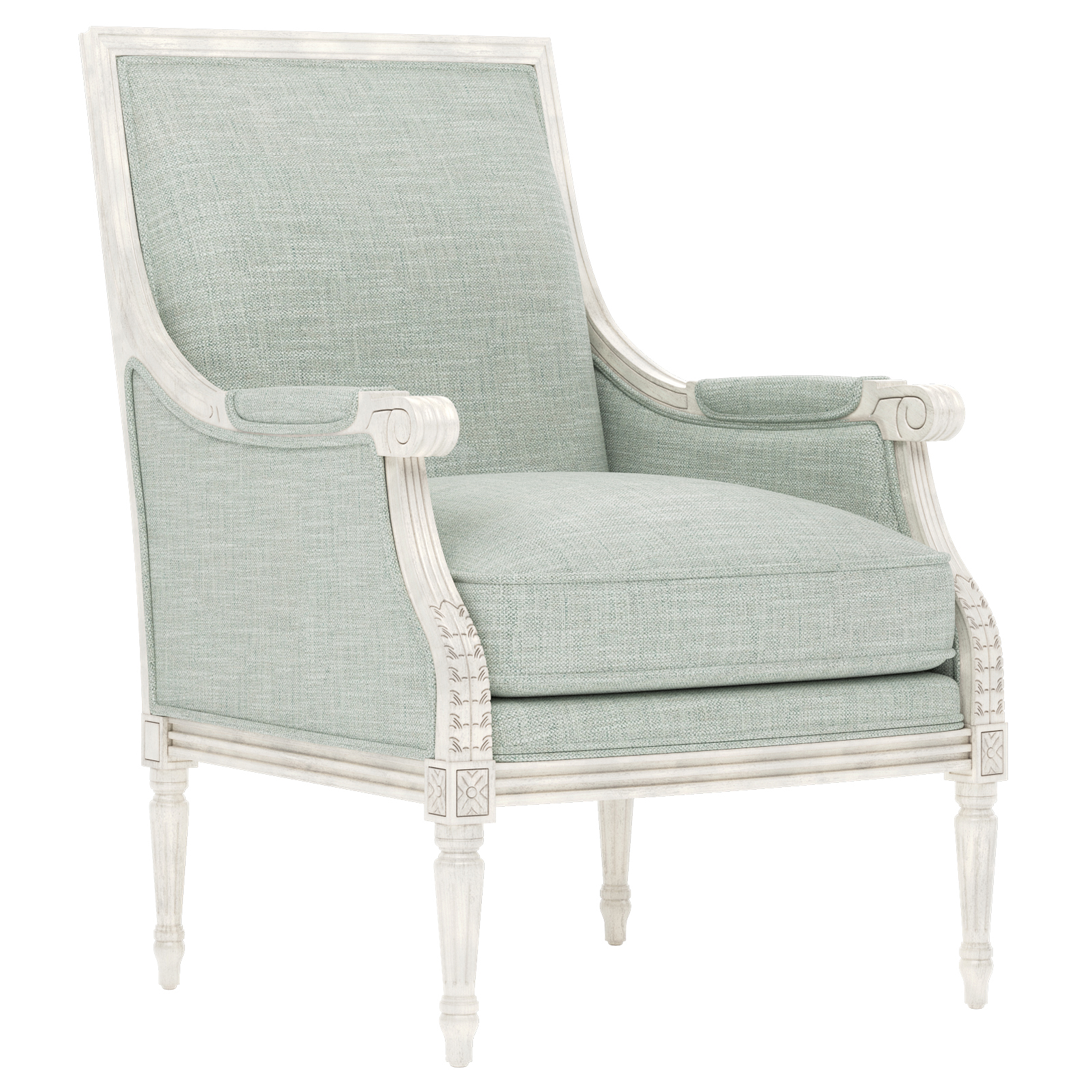 bergere chair with light blue woven fabric and a distressed white wood frame