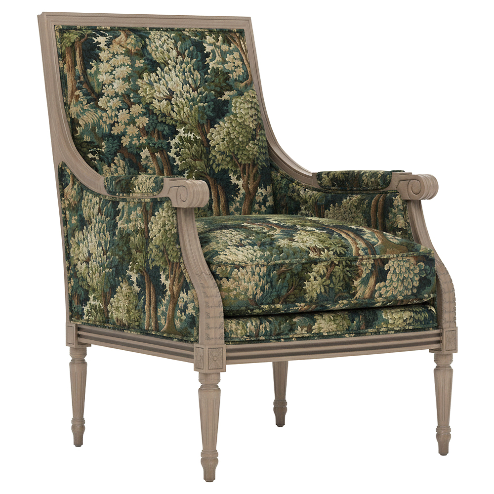 bergere chair with tapestry forest fabric and a brown wooden frame