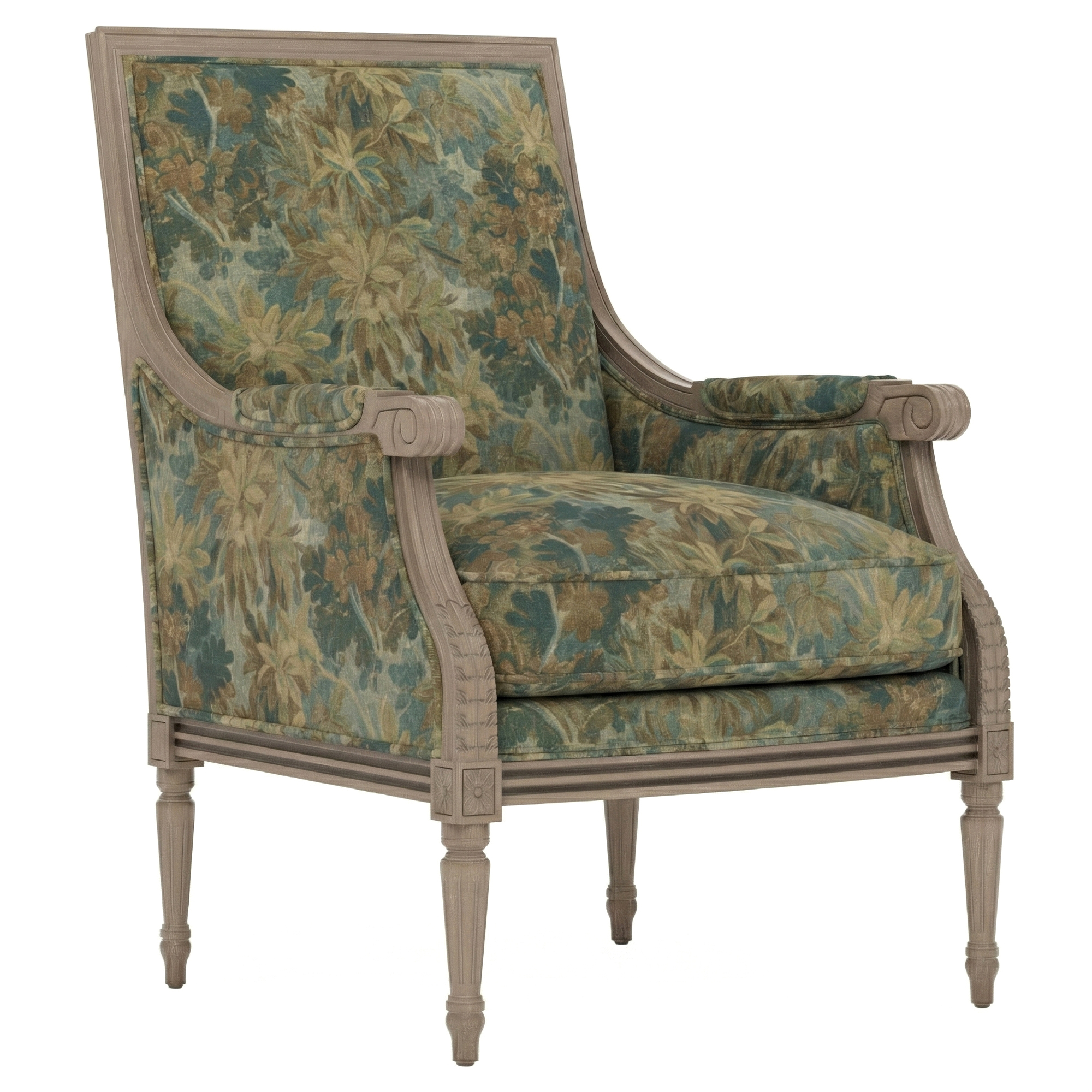 bergere chair with tapestry fabric and a brown wooden frame