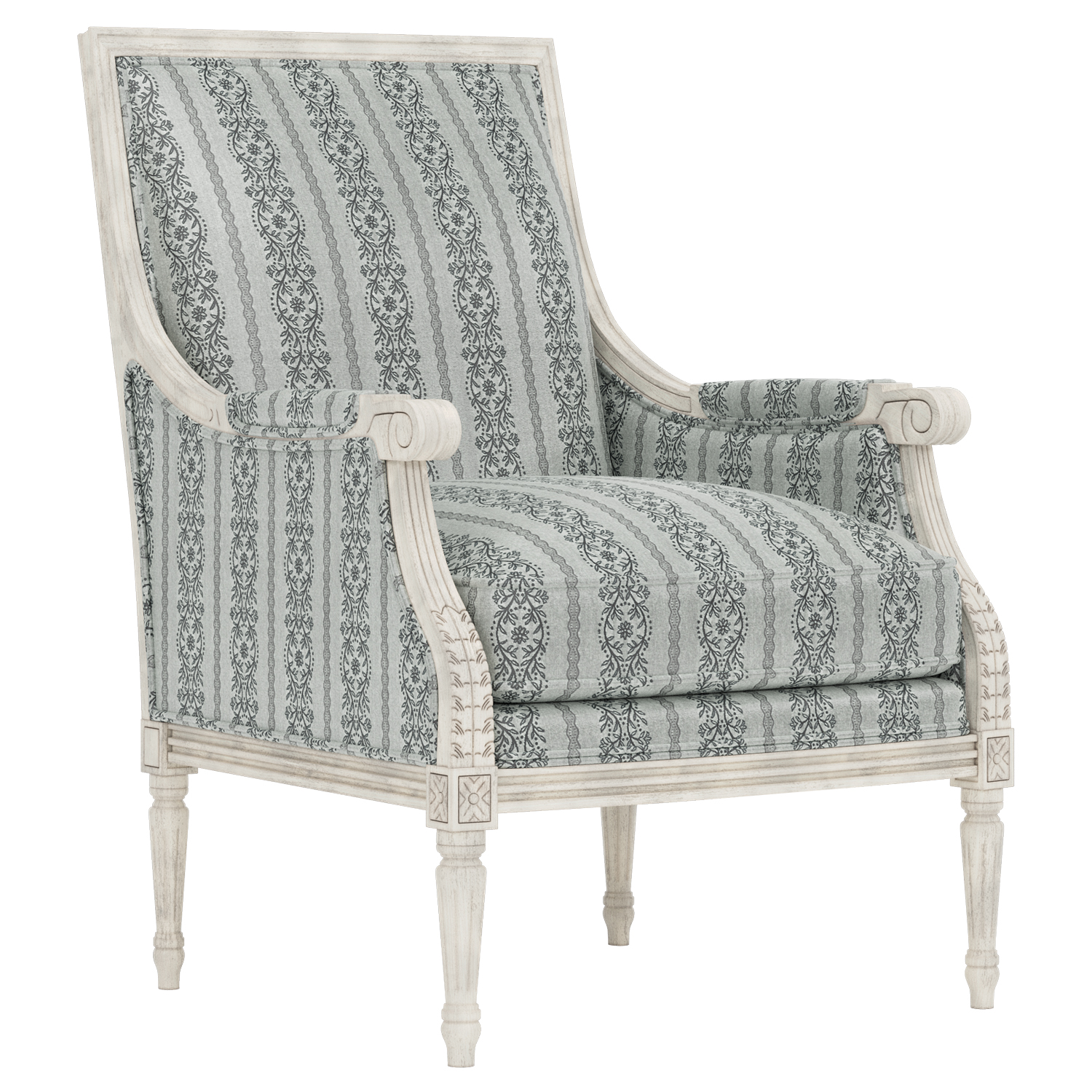 bergere chair in seine blue with distressed white wooden frame