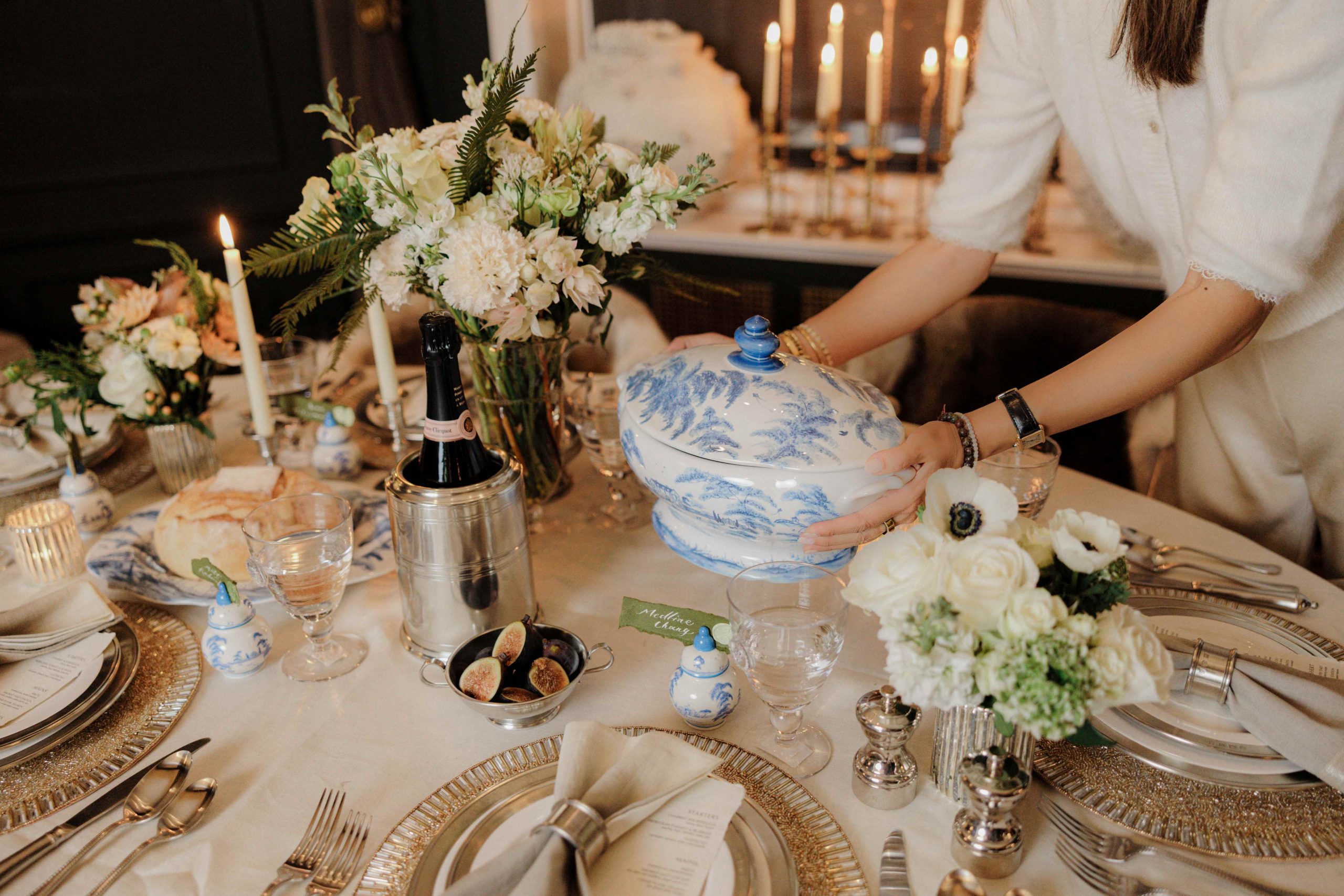 Setting a blue and white Juliska tureen on a holiday tabletop
