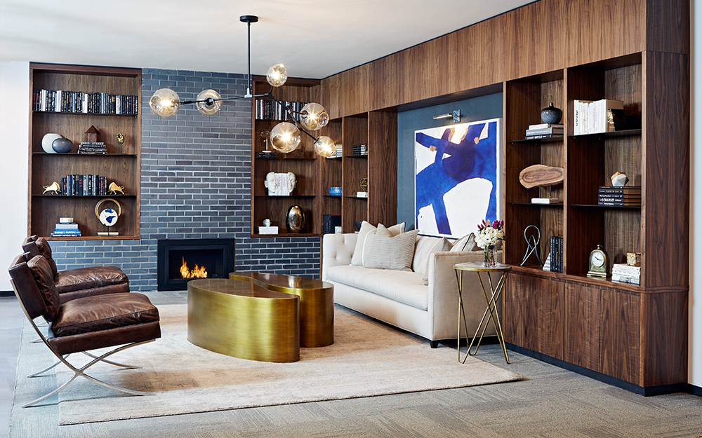 luxury living room interior with blue accents