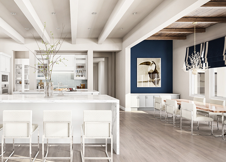 white kitchen with blue accent wall