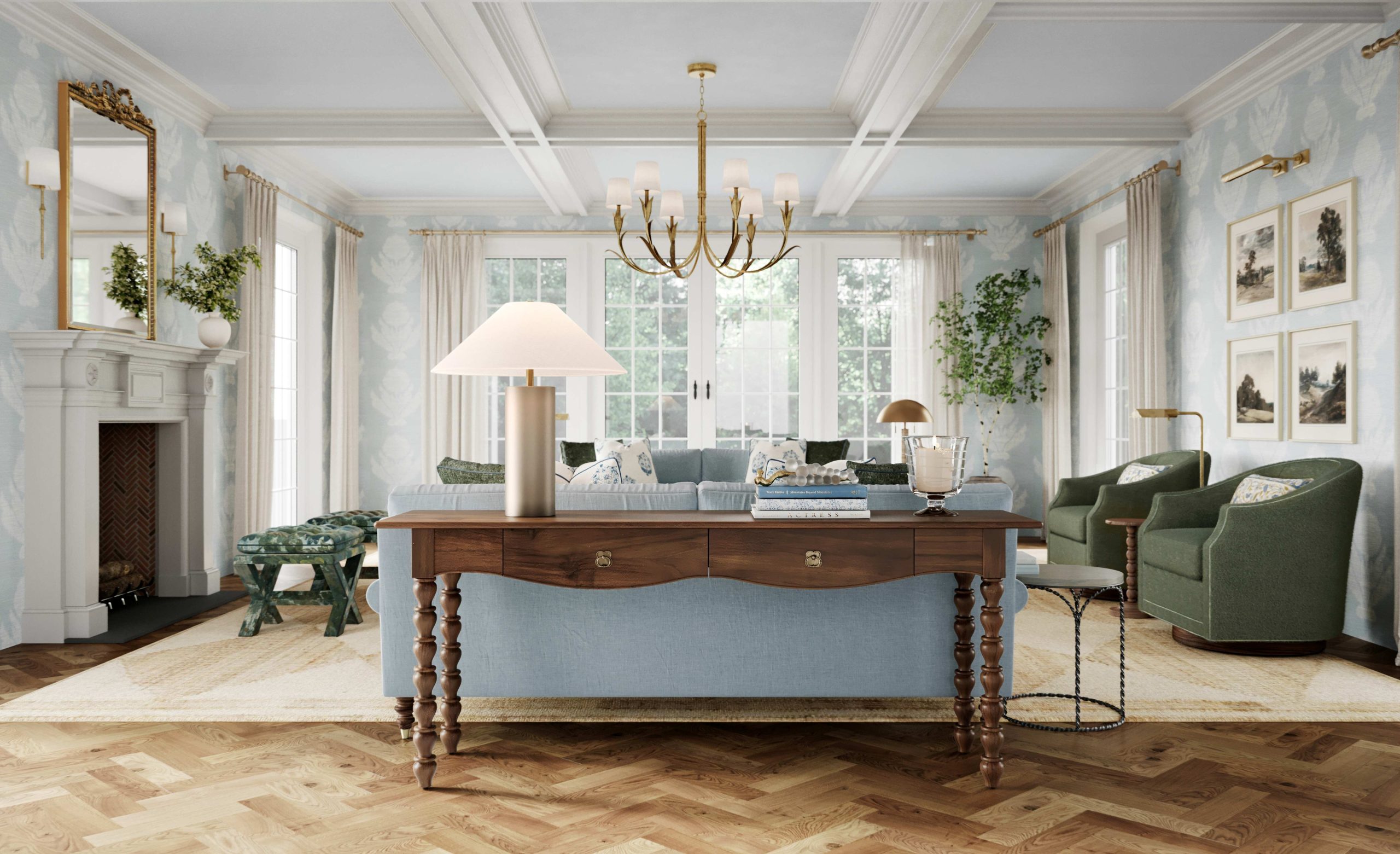A living room with herringbone floors, coffered ceilings, blue patterned wallpaper, and a comfy seating area with blue velvet sofas, plush green swivel chairs, and x-base ottomans