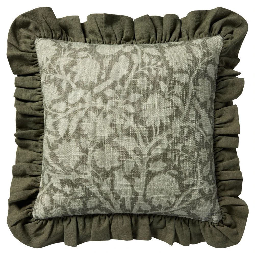 Green Cotton Floral Throw Pillow with dark green ruffle