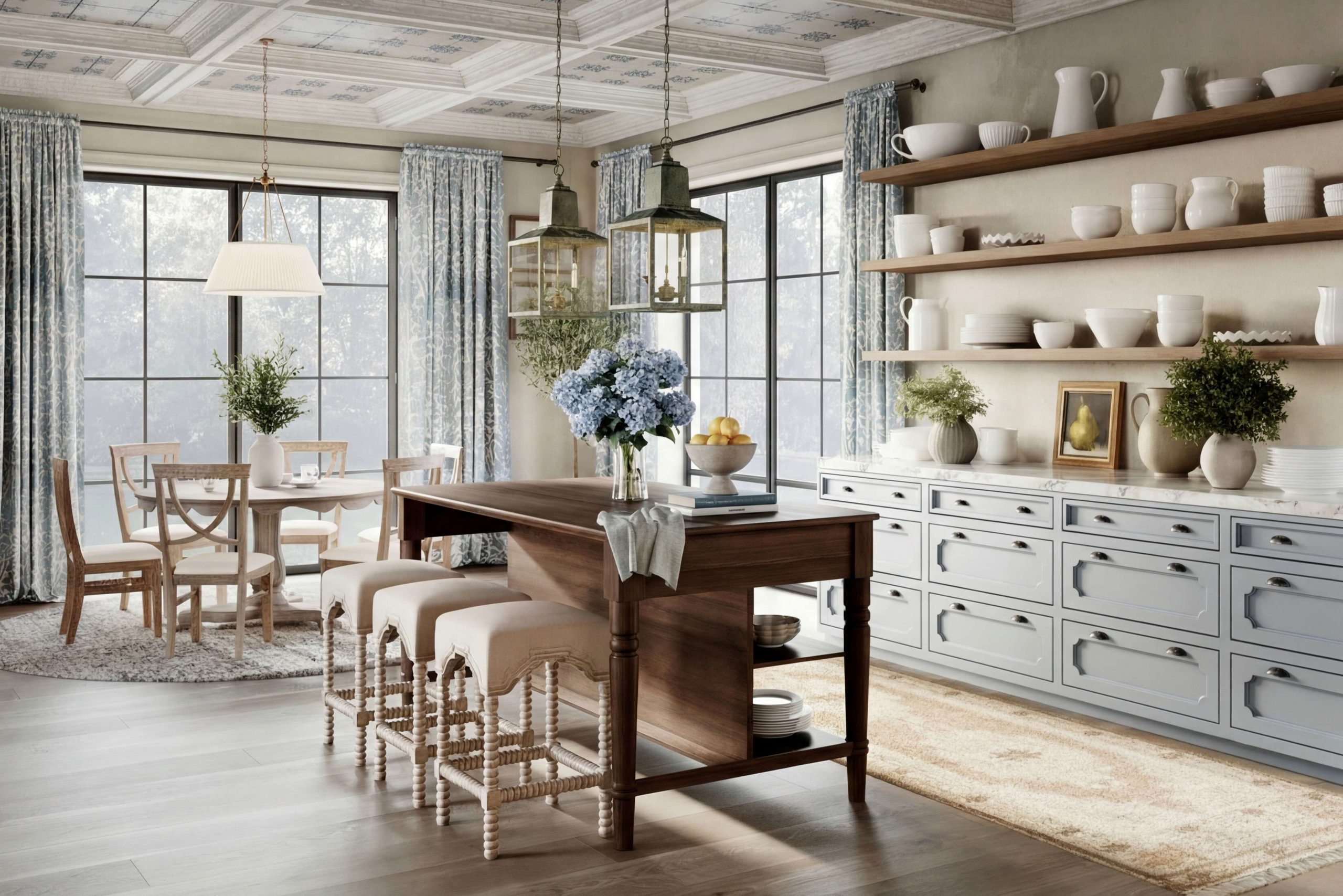 A kitchen with custom blue painted cabinetry, a brown wood island, turned wood backless counter stools, a breakfast nook with a round dining table, and open wood shelving