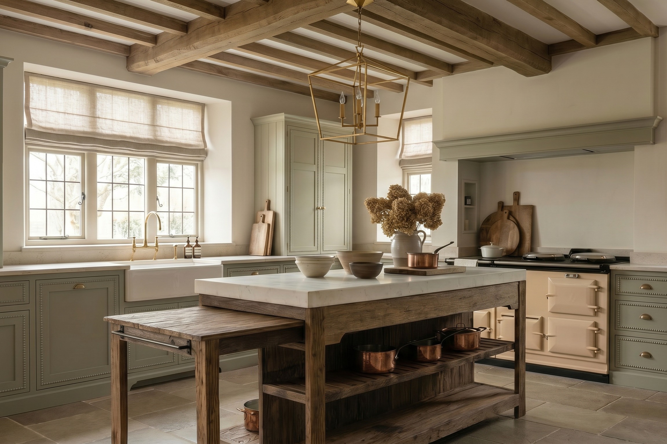A kitchen with Grench gray painted custom cabinetry, wood beamed ceilings, stone floors, and a wood island with marble top