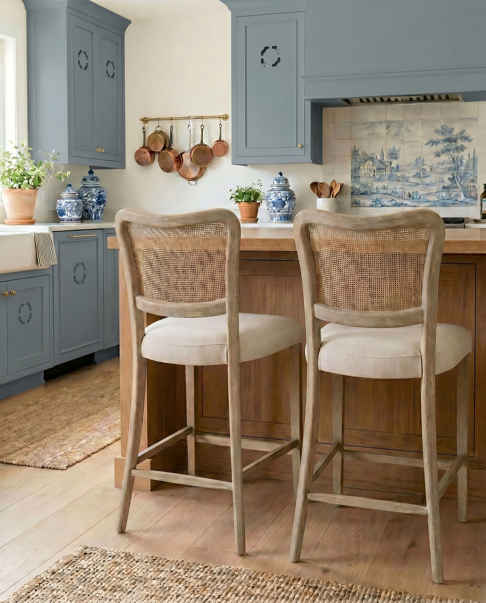 A kitchen with blue painted cabinets with cutout details, a brown kitchen island, Delft tile backsplash, and cane and wood upholstered counter stools