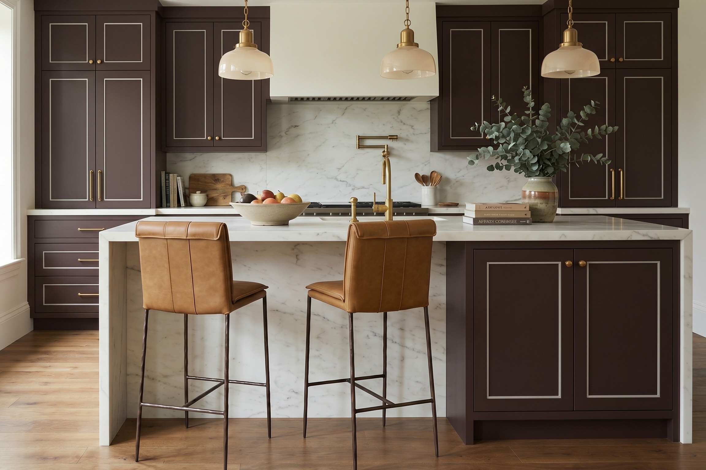 A kitchen with purple brown painted cabinets, a marble waterfall kitchen island, marble backsplash, and leather and iron counter stools