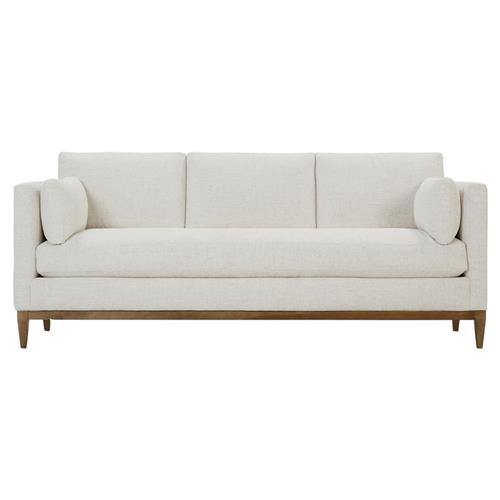 white sofa with performance fabric and wooden rail legs