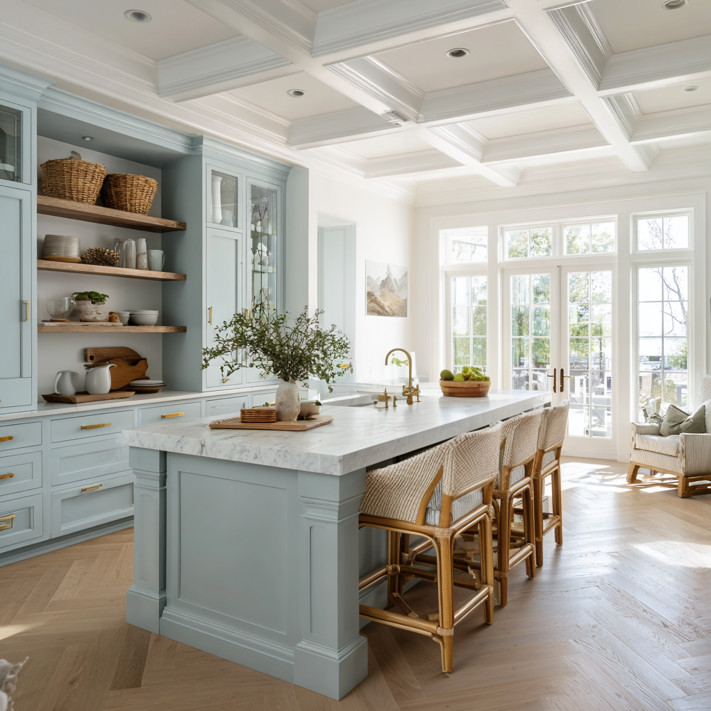 A bright kitchen features light blue cabinets, marble countertops, styled open shelving, white coffered ceilings, and brown herringbone floors