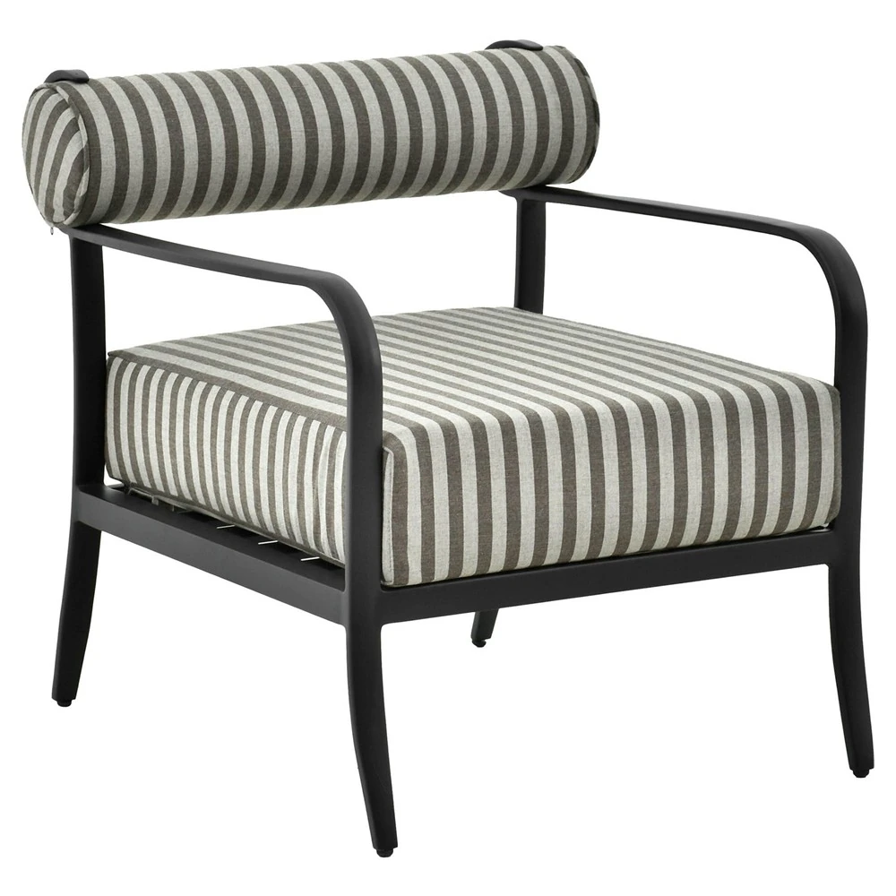 outdoor armchair with aluminum frame and striped Sunbrella cushions