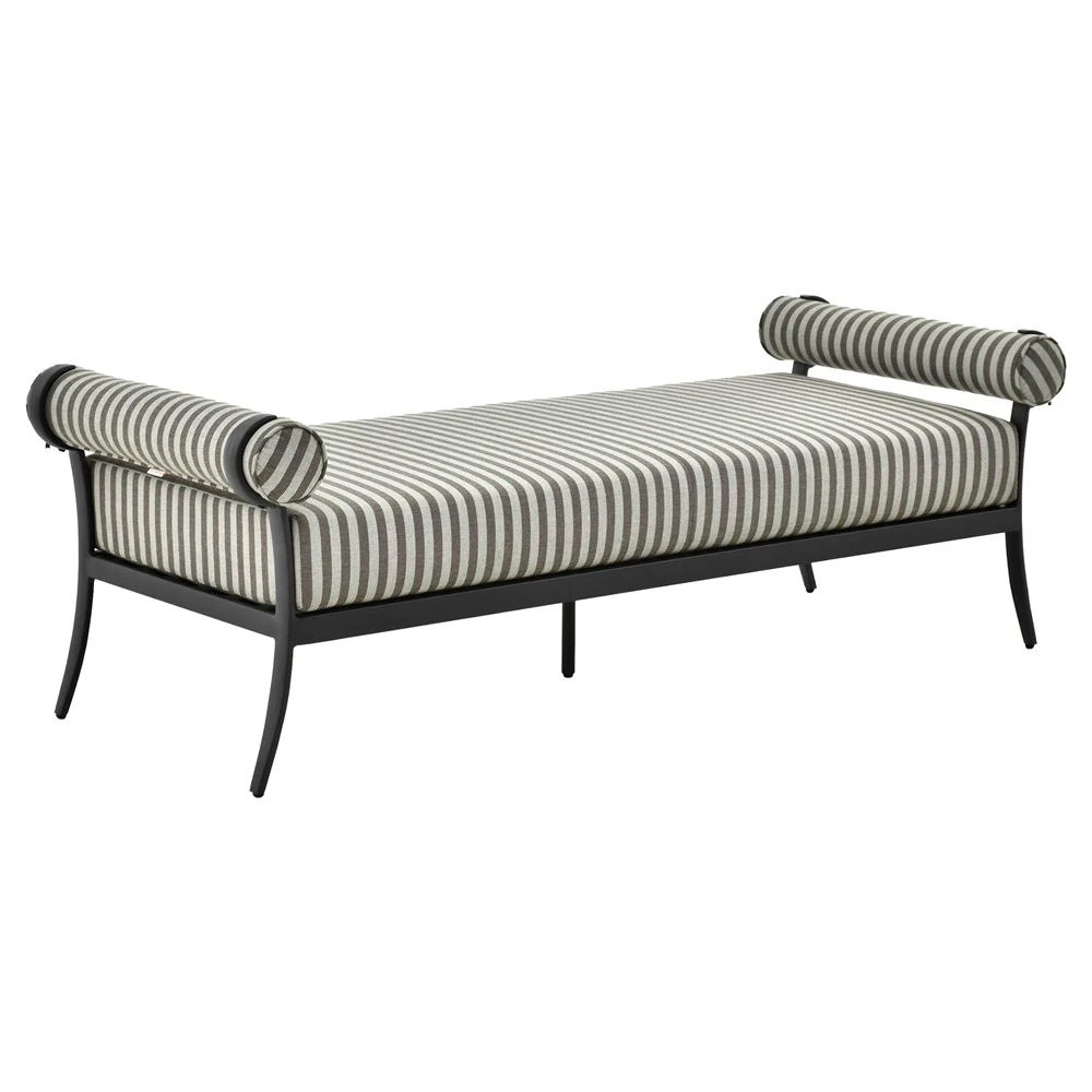 aluminum outdoor dining bench with striped Sunbrella cushions