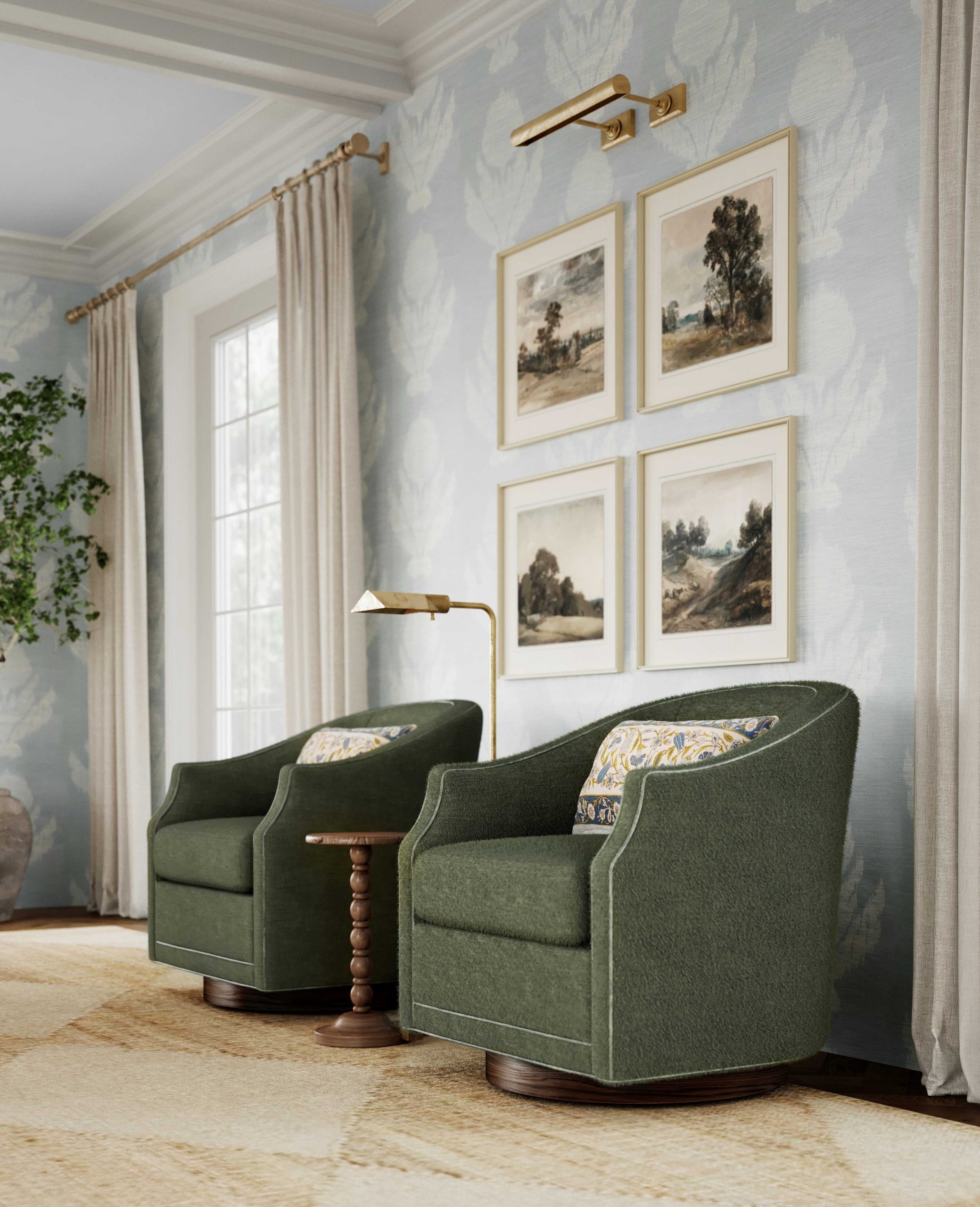 Two plush green swivel chairs with a brown spindle side table and a gold floor lamp between them, and four country landscape paintings on the wall behind