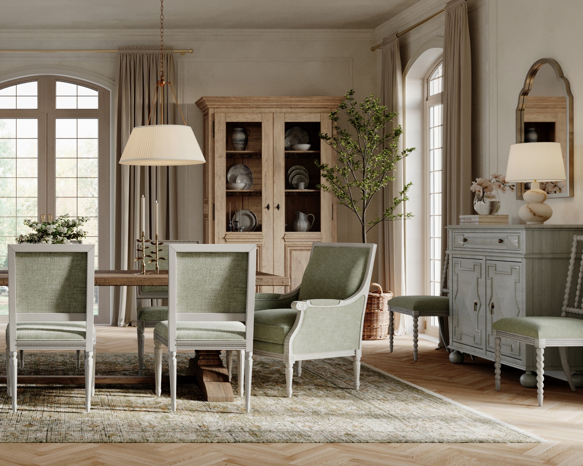 A French country dining room with a green and brown color palette is centered around a brown oak dining table and green velvet dining chairs