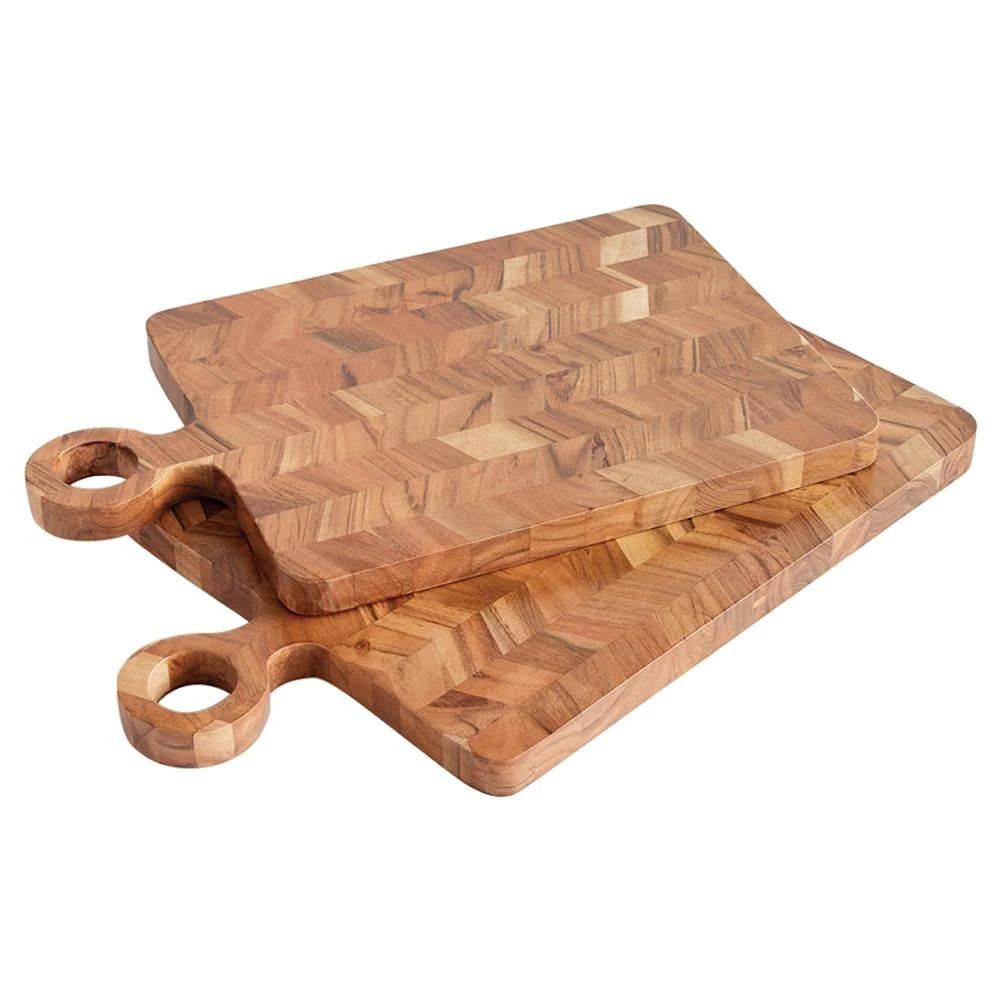 brown acacia wood serving board set of two with round handle