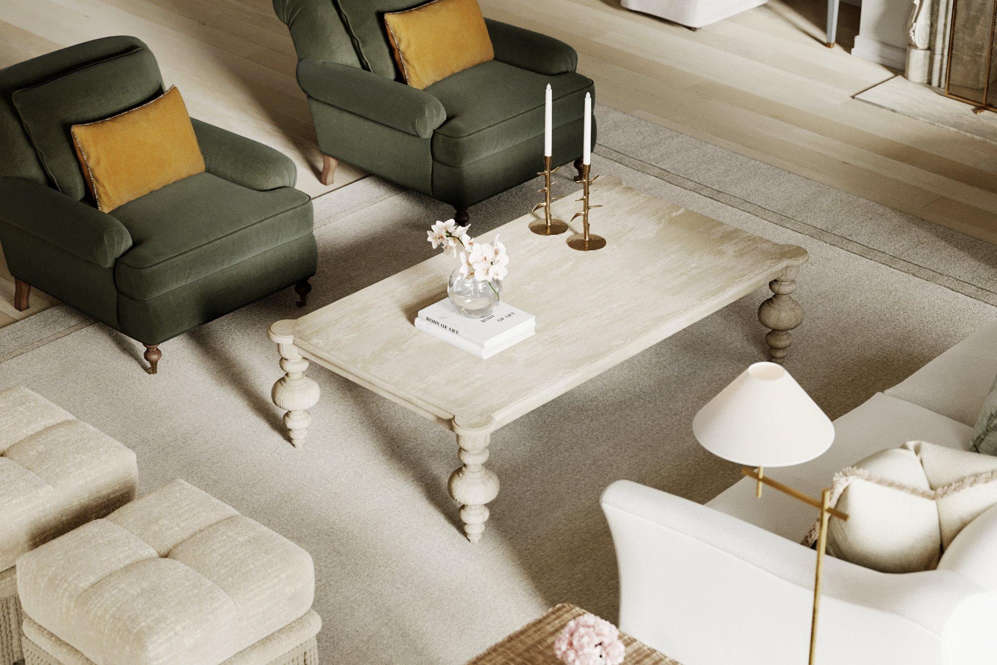 A Southern traditional living room with a cream-colored sofa, wood rectangular coffee table, green velvet armchairs, and square ottomans with fringe