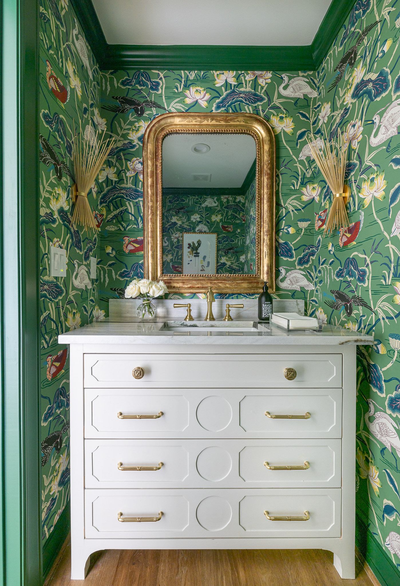 powder room design with wallpaper
