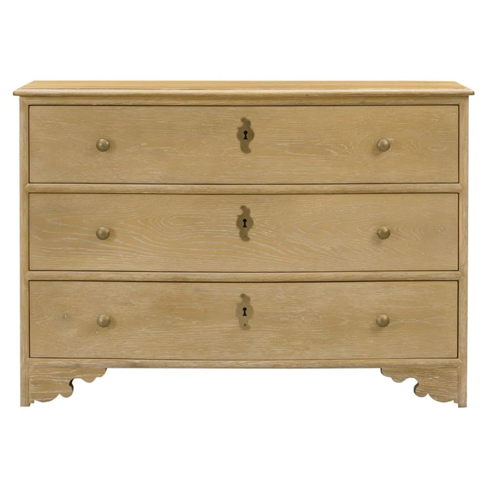 oak three-drawer dresser with brass knobs