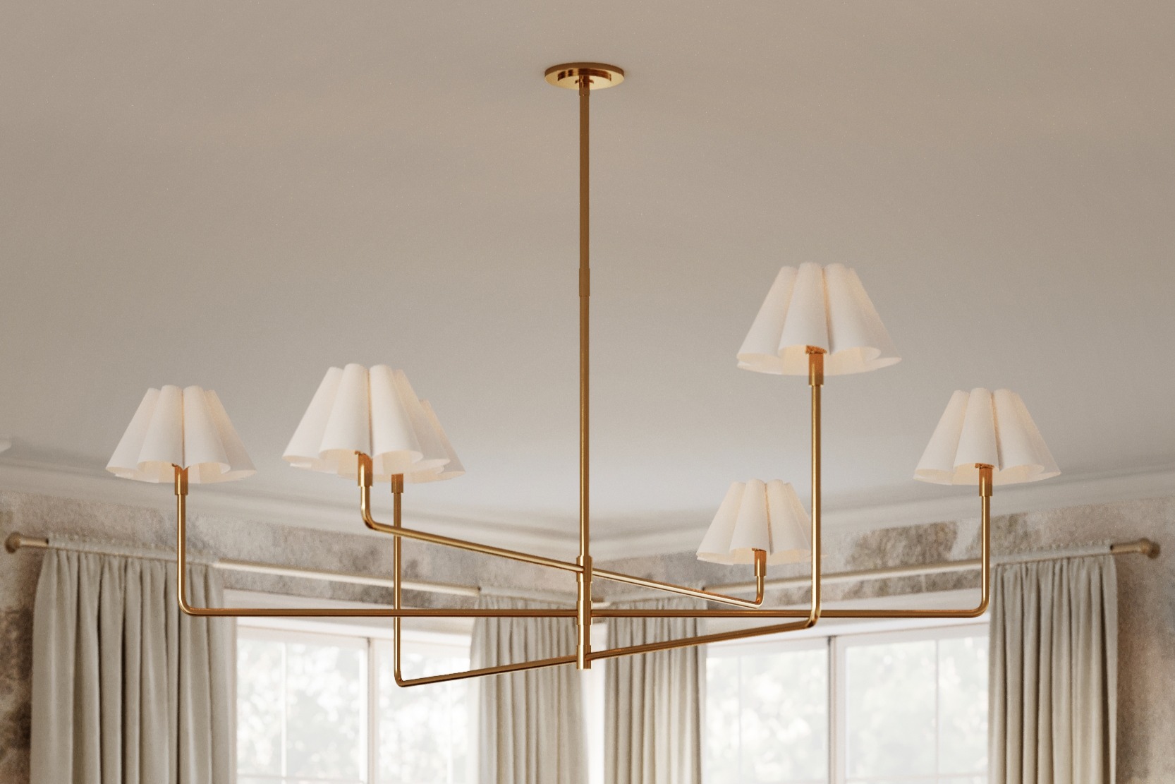 French White Scalloped Linen Shade Natural Brass Chandelier