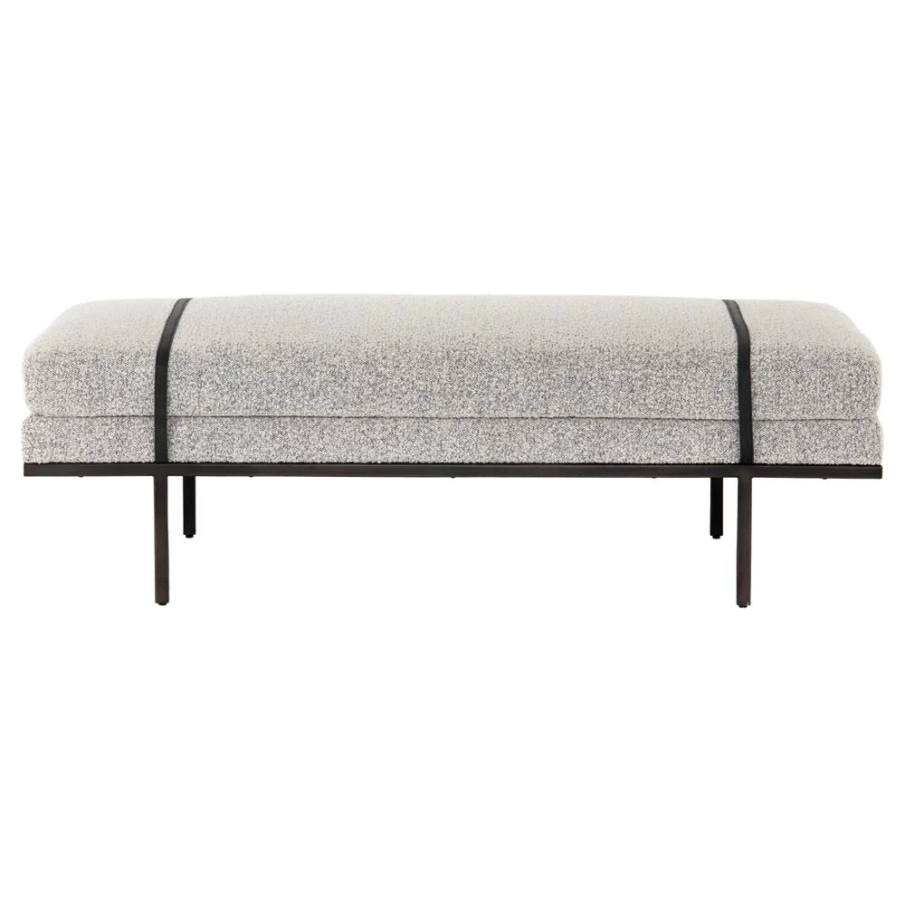 upholstered bench with black iron frame and performance fabric