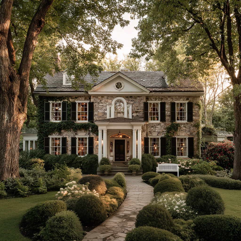 a traditional stone 3-story house with manicured landscaping in evening light