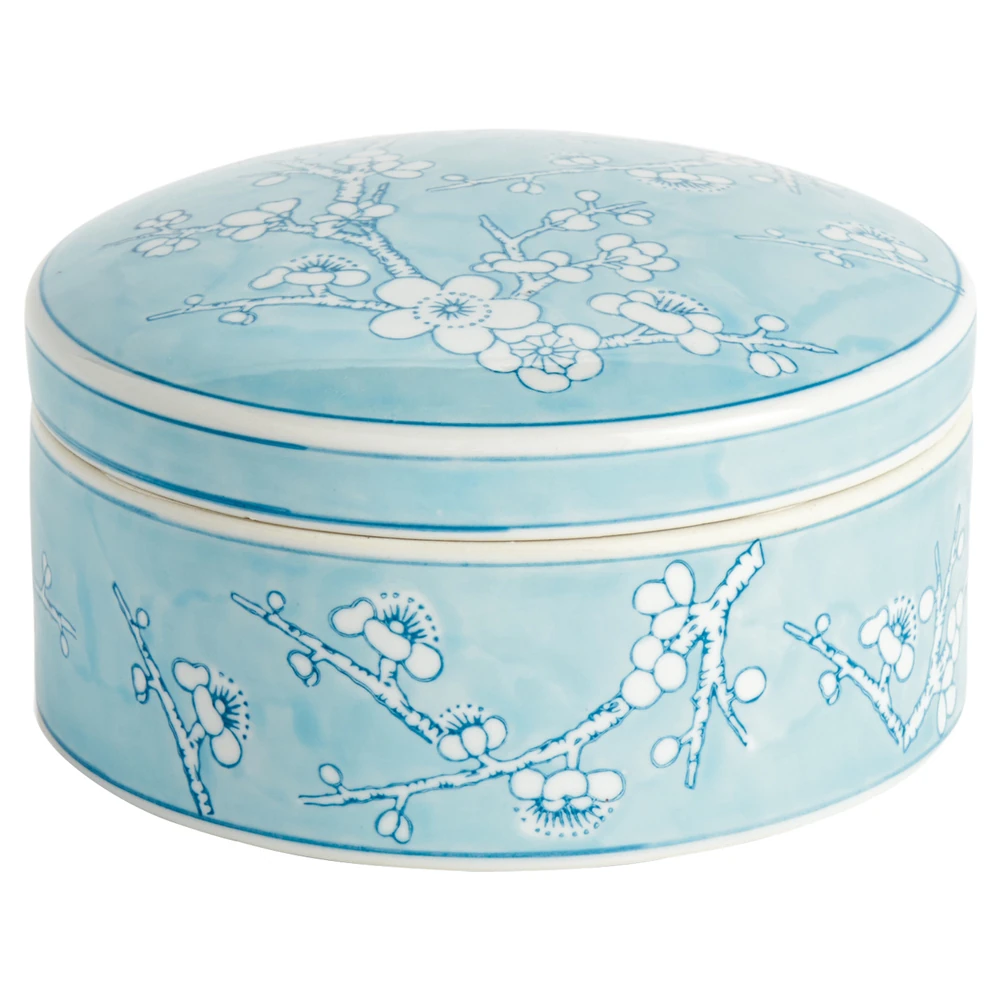 Blue round Decorative Box with lid and botanical pattern