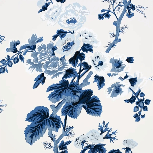 Schumacher Pyne Hollyhock Wallpaper in indigo blue