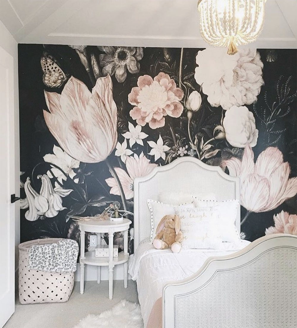 kids room with floral wall paper