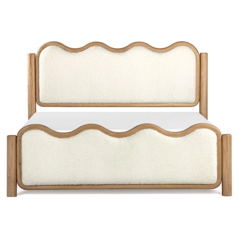 boucle upholstered wavy light brown wood bed