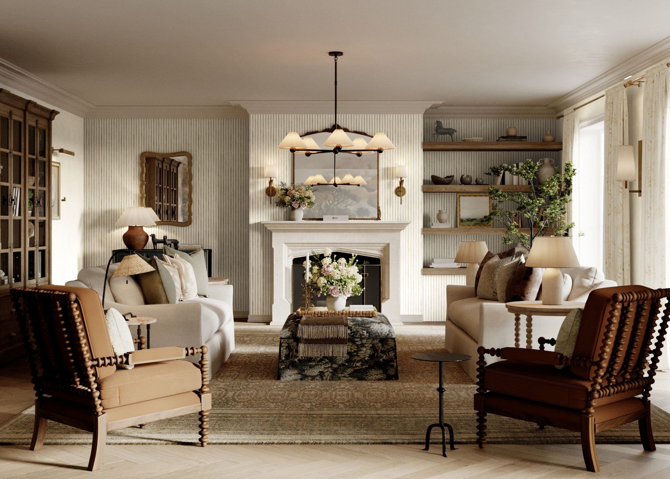 Kathy Kuo Home striped wallpaper in a cozy traditional living room