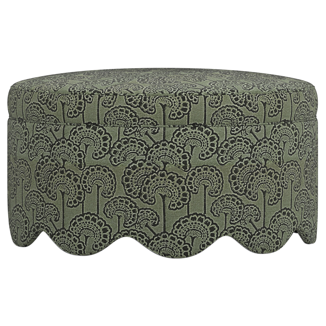 Round Green Patterned Round Ottoman With Scalloped Base