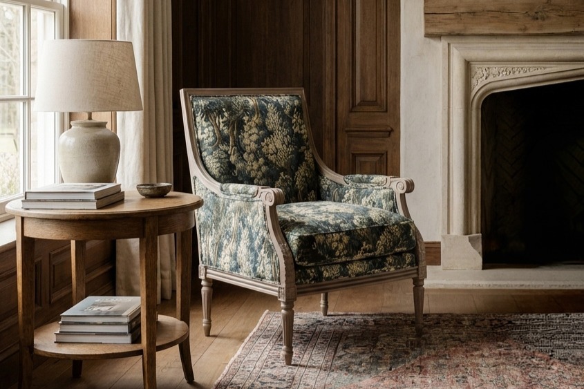 A tapestry fabric bergere chair sits in a cozy living room near a fireplace
