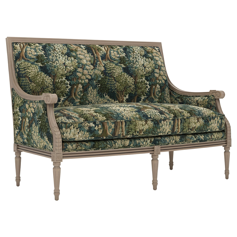 tapestry fabric settee with wood legs