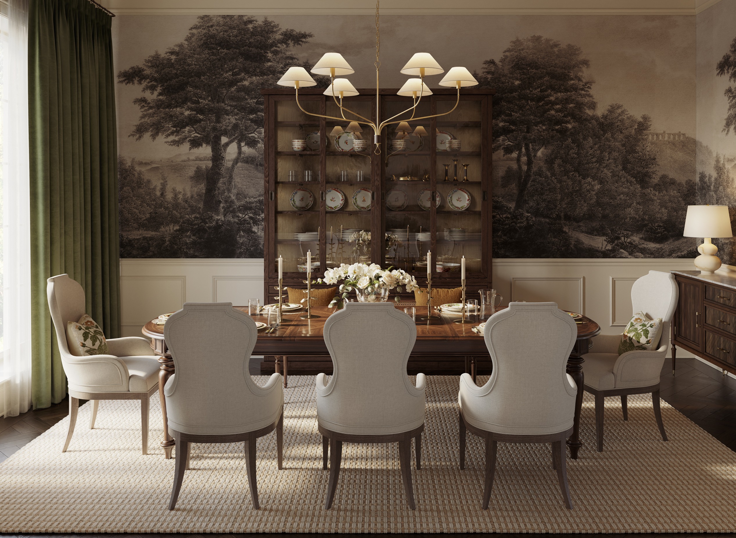 A traditional dining room with mural wallpaper, green drapery, a jute and wool rug, upholstered dining chairs, and an oval extendable dining table