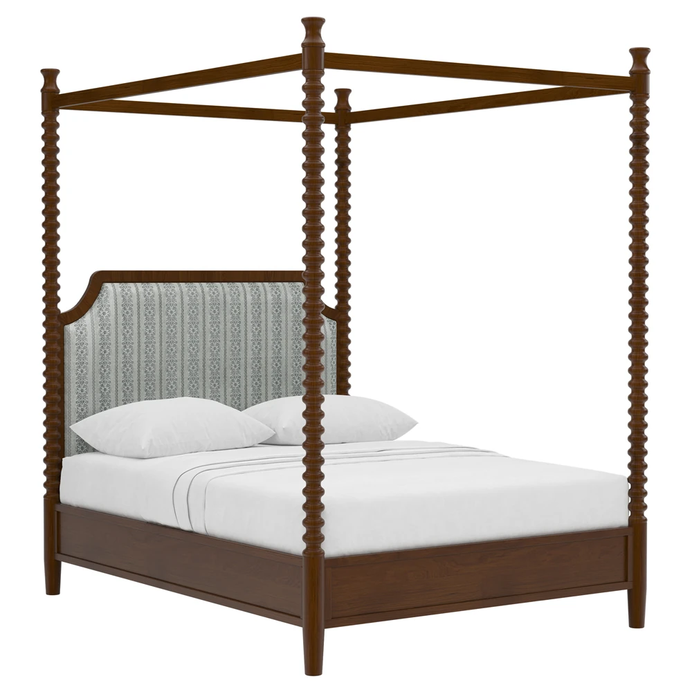 spindle four-poster wooden bed frame with upholstered headboard