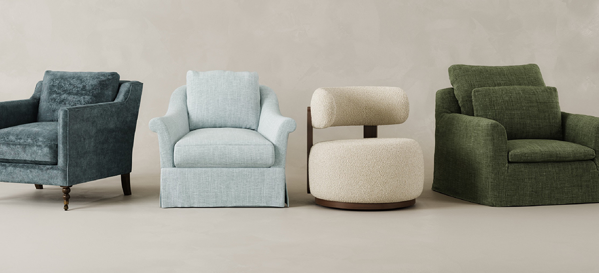 Three upholstered chairs in a mix of fabrics: velvet, linen-like performance, and boucle