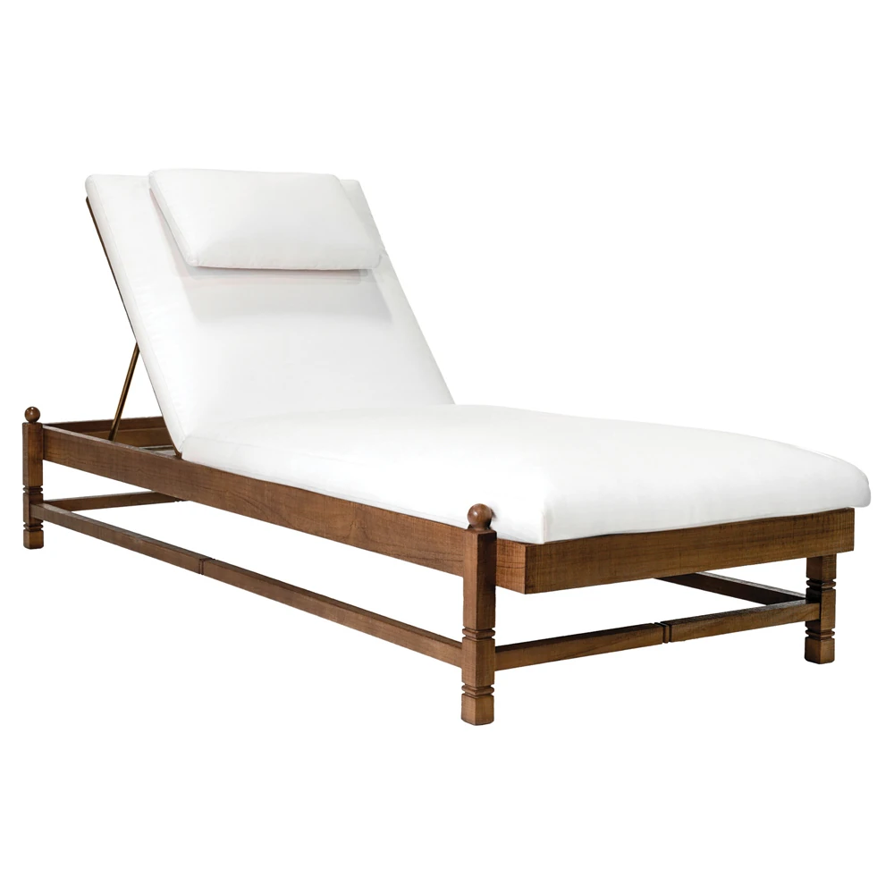 teak outdoor chaise lounge with white performance fabric and attached pillow