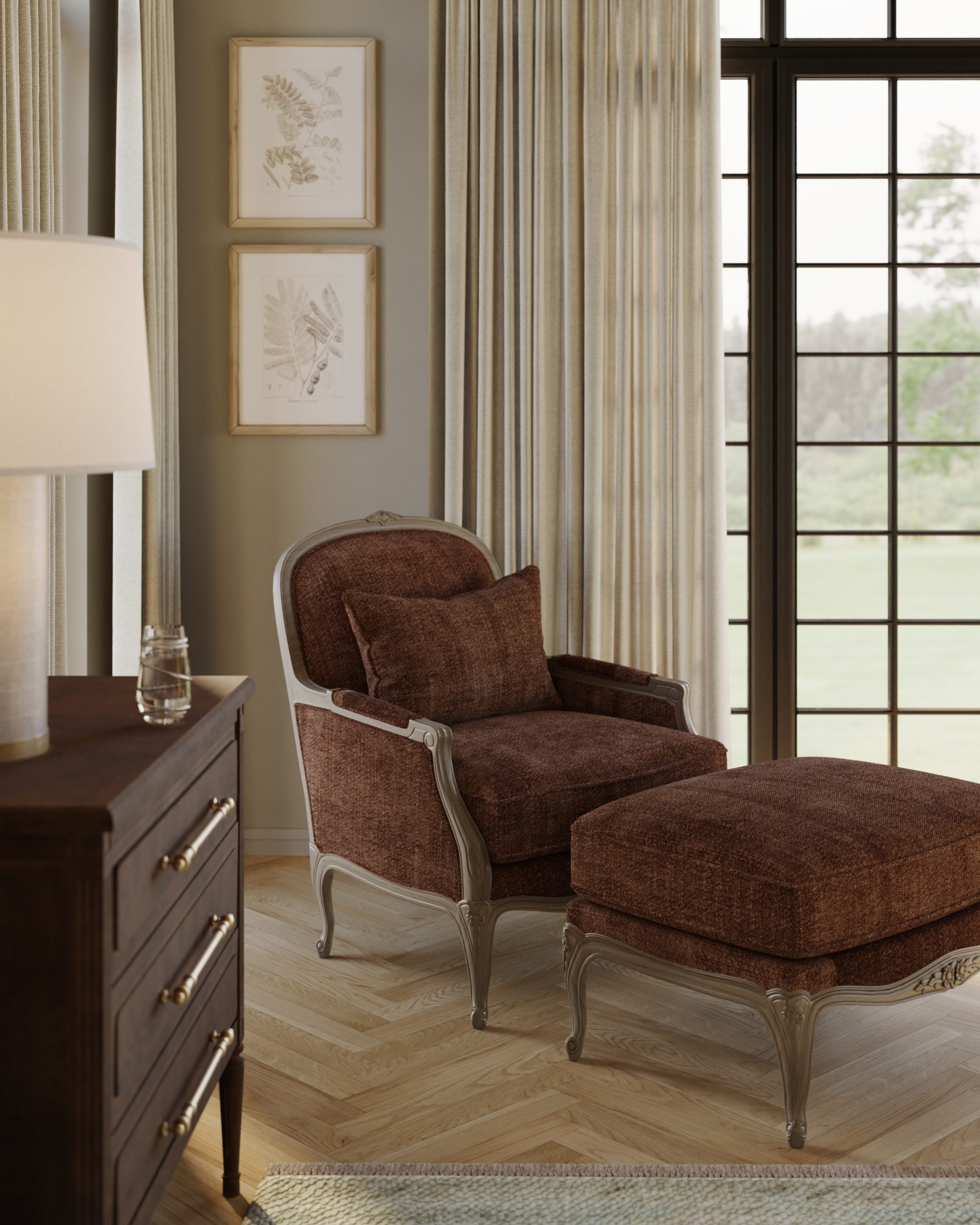 A sienna velvet bergere chair with a matching ottoman sit in the corner of a bedroom next to floor to ceiling windows