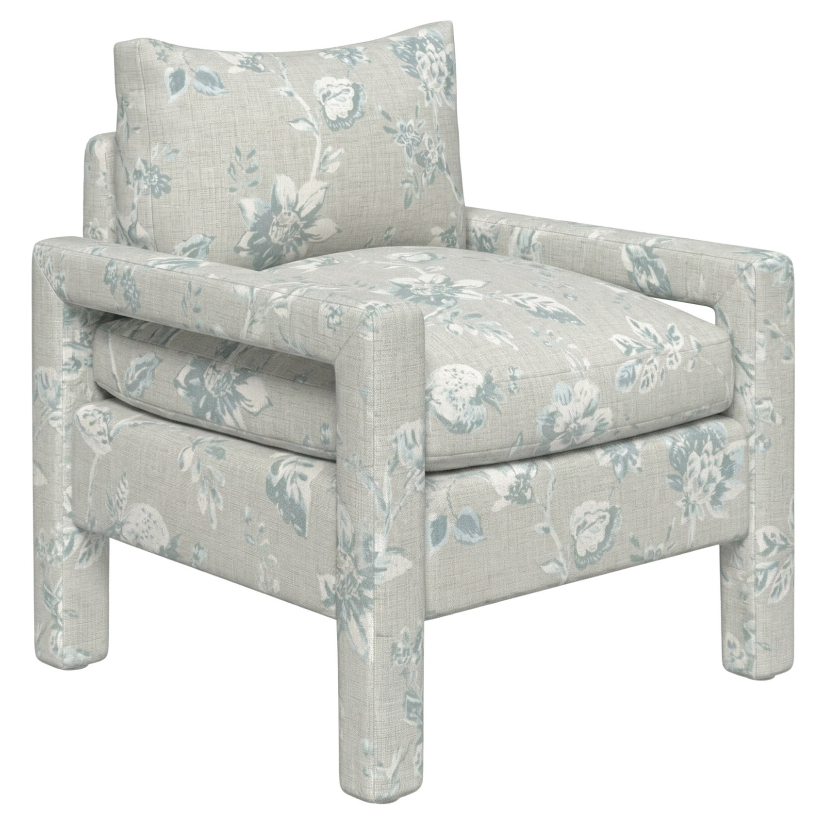 upholstered armchair in Sunbrella performance botanical weave garden mist